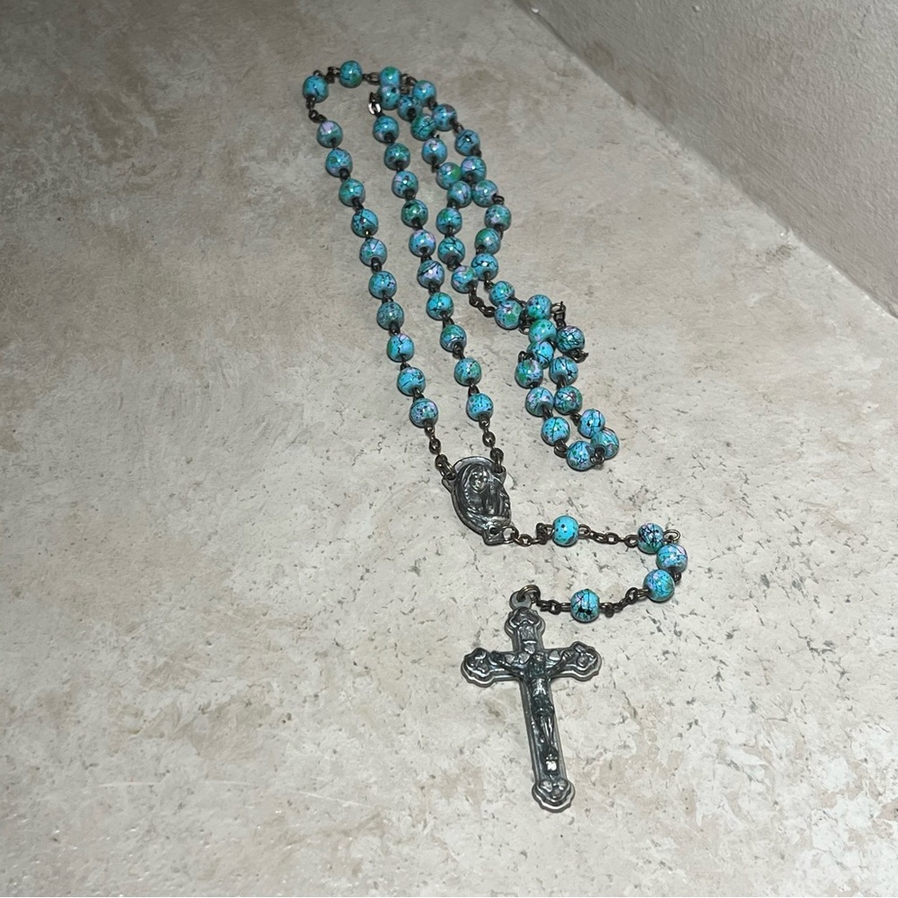 Vintage Italian Blue Splash Bead 15 1/2” Rosary